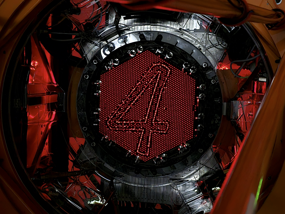 The 4MOST fibre positioner installed on VISTA with the backlit fibres positioned to create the Fantastic 4 logo